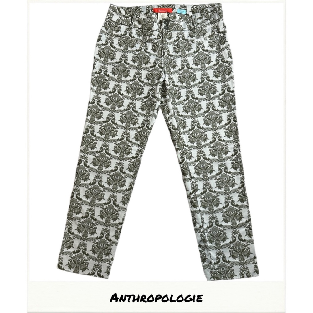 Anthropologie Cartonnier Charlie Ankle Olive Green Floral Brocade Trouser Sz 6
